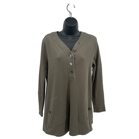 Soft Surroundings Button-Up Henley Shirt Top WMN S Gray 100% Cotton #2CU36 Tunic - Picture 1 of 6
